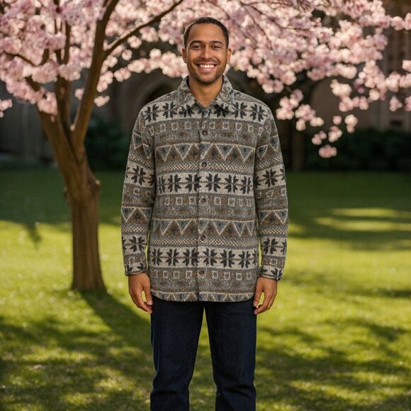 Vintage Palmettos Aztec Sherpa Fleece Jacket L Southwestern Winter Grunge Cozy - Picture 5 of 9